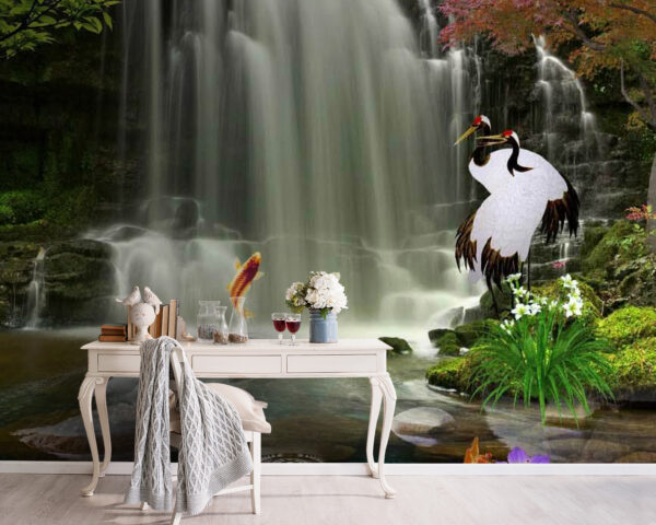 Wall murals Waterfall with birds and fish Wall murals Waterfall with birds and fish
