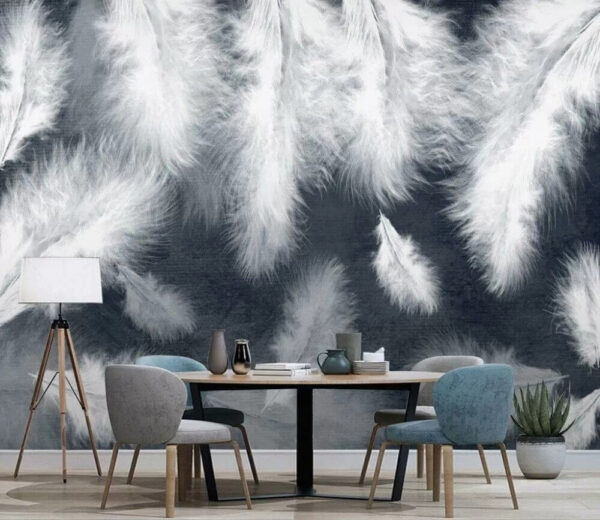 Soft white feathers on dark background Wall murals Soft white feathers on dark background