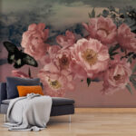 Wall murals Butterfly flying over a bunch of pink flowers