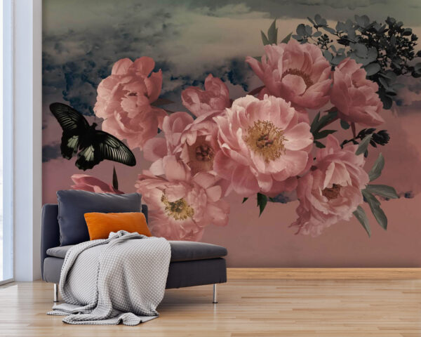 Wall murals Butterfly flying over a bunch of pink flowers Wall murals Butterfly flying over a bunch of pink flowers