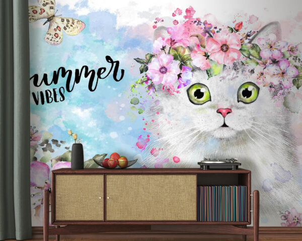 Wall murals Cat with flowers on its head Wall murals Cat with flowers on its head