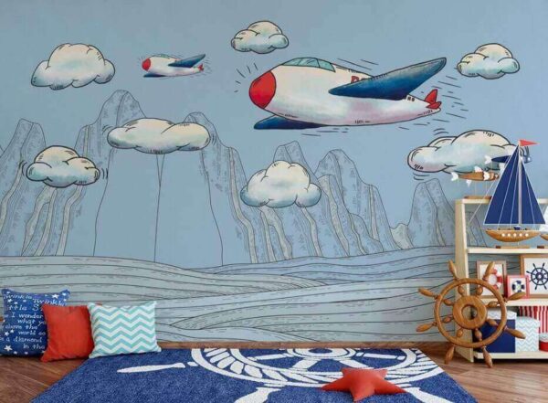 Wall murals Cartoon of airplanes flying over mountains Wall murals Cartoon of airplanes flying over mountains