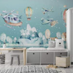 Wall murals Watercolor illustration of a helicopter and hot air balloons