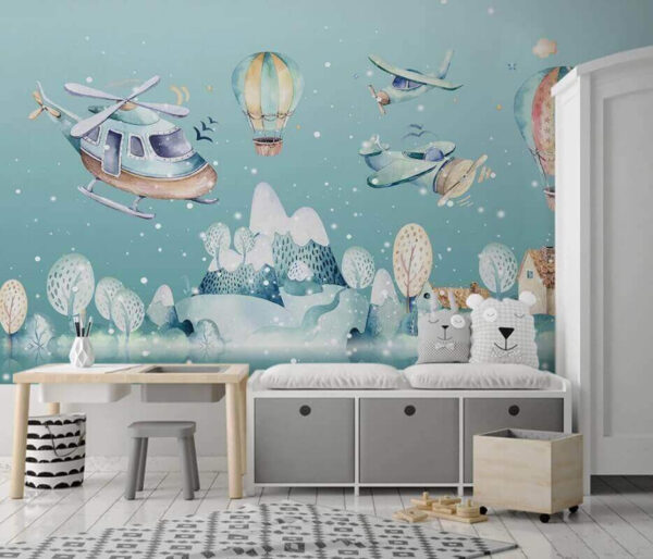 Wall murals Watercolor illustration of a helicopter and hot air balloons Wall murals Watercolor illustration of a helicopter and hot air balloons