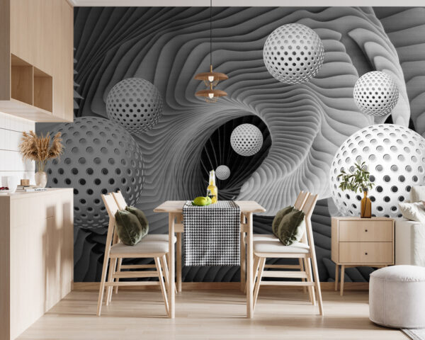 Wall murals Spheres floating in a wavy tunnel Wall murals Spheres floating in a wavy tunnel
