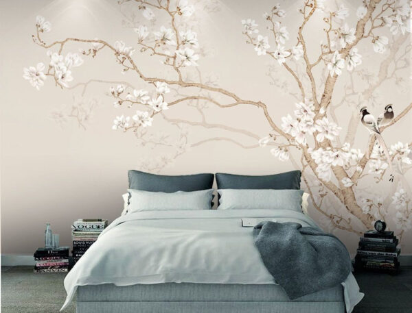 Wall murals Birds perched on blooming branches. (SKU: u25842)