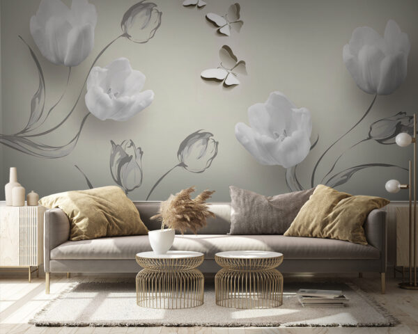 Wall murals White flowers and butterflies Wall murals White flowers and butterflies