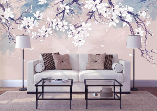 Delicate blossoms on swirling branches Wall murals Delicate blossoms on swirling branches