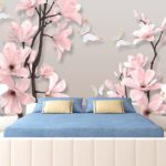Wall murals Pink flowers and butterflies on a tree