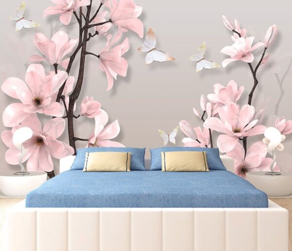 Wall murals Pink flowers and butterflies on a tree Wall murals Pink flowers and butterflies on a tree