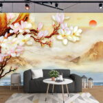 Wall murals Painting of a branch with flowers and mountains in the background