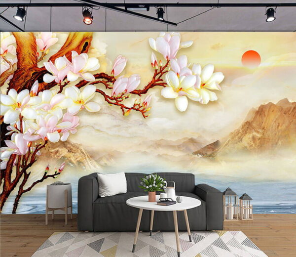 Wall murals Painting of a branch with flowers and mountains in the background Wall murals Painting of a branch with flowers and mountains in the background
