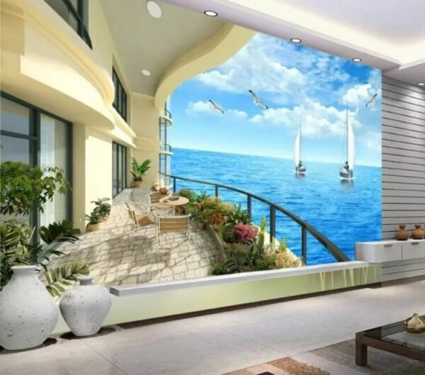 Wall murals Balcony with a view of the ocean and boats Wall murals Balcony with a view of the ocean and boats