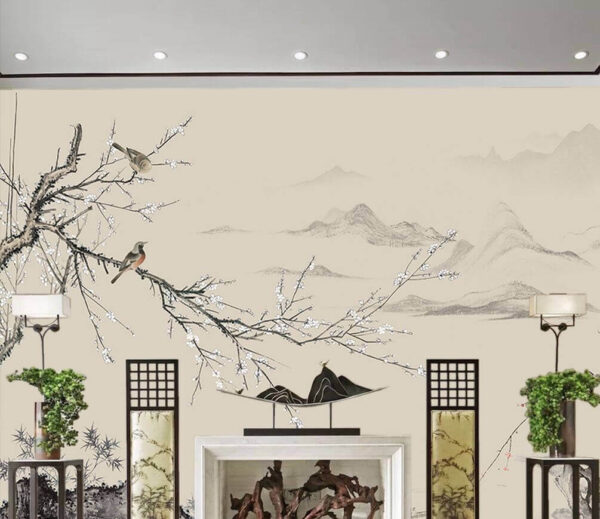 Wall murals Painting of birds on a branch Wall murals Painting of birds on a branch