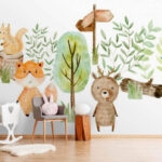Wall murals Watercolor illustration of animals and trees