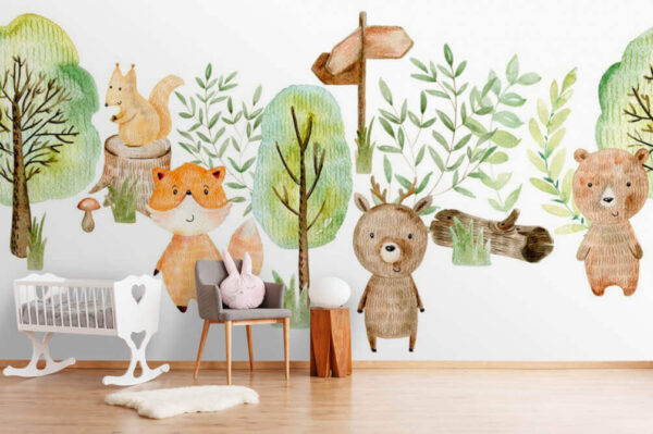 Wall murals Watercolor illustration of animals and trees Wall murals Watercolor illustration of animals and trees
