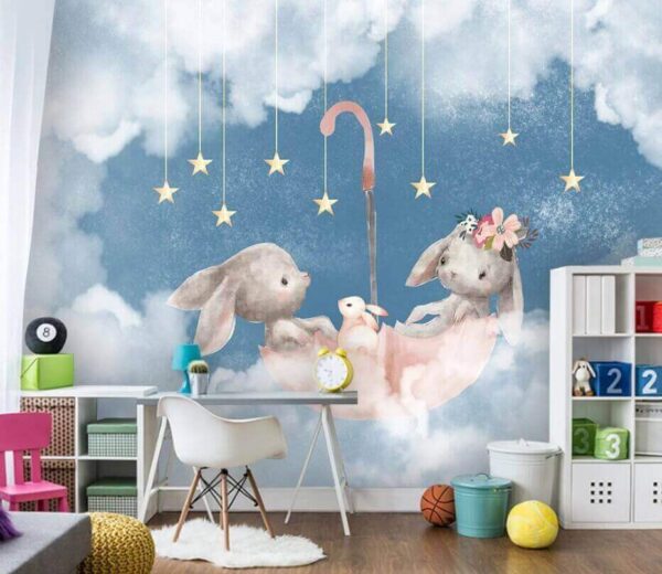Wall murals Two rabbits in a pink umbrella Wall murals Two rabbits in a pink umbrella