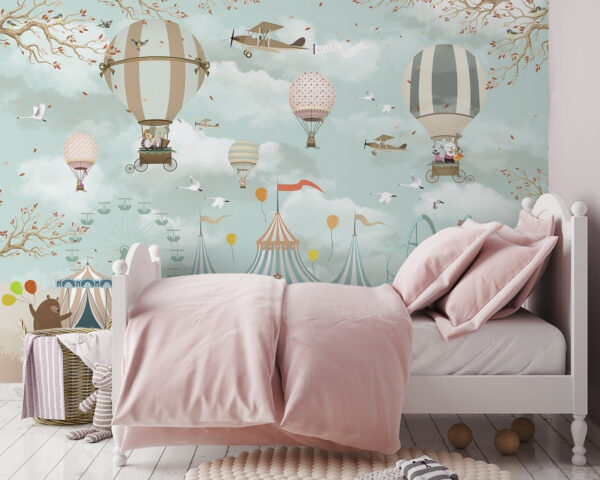 Hot air balloon with birds flying in the sky Wall murals Hot air balloon with birds flying in the sky