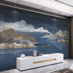 Wall murals Painting of mountains and boats in water