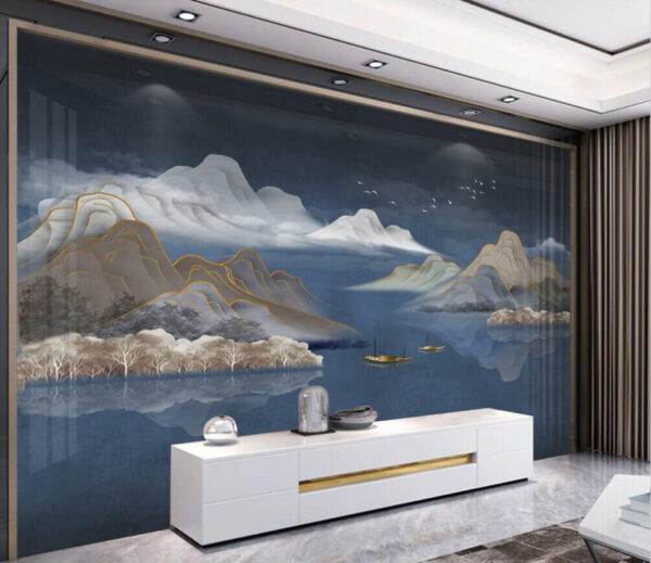Wall murals Painting of mountains and boats in water Wall murals Painting of mountains and boats in water