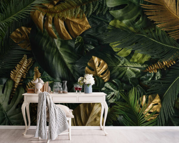 Lush leaves in metallic and green tones Wall murals Lush leaves in metallic and green tones
