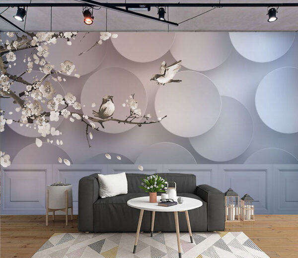 Wall murals Wall mural of birds on a branch with white circles and white circles Wall murals Wall mural of birds on a branch with white circles and white circles