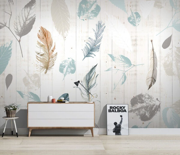 Wall murals Group of feathers on a wood surface Wall murals Group of feathers on a wood surface