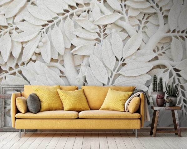 Wall murals White tree with leaves and berries Wall murals White tree with leaves and berries