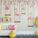 Wall murals Pink flamingo with red leaves