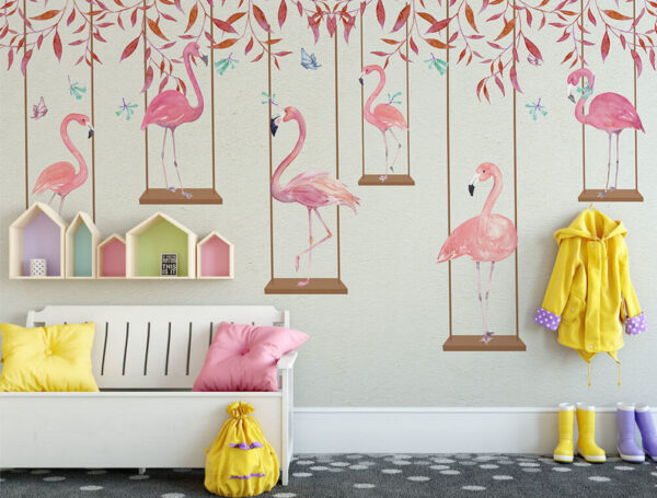 Pink flamingo with red leaves Wall murals Pink flamingo with red leaves