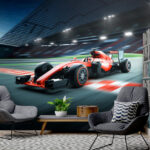 Wall murals Racing car speeds past finish line.