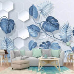 Wall murals Blue leaves on a white background