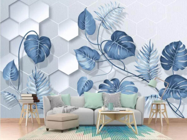 Wall murals Blue leaves on a white background Wall murals Blue leaves on a white background