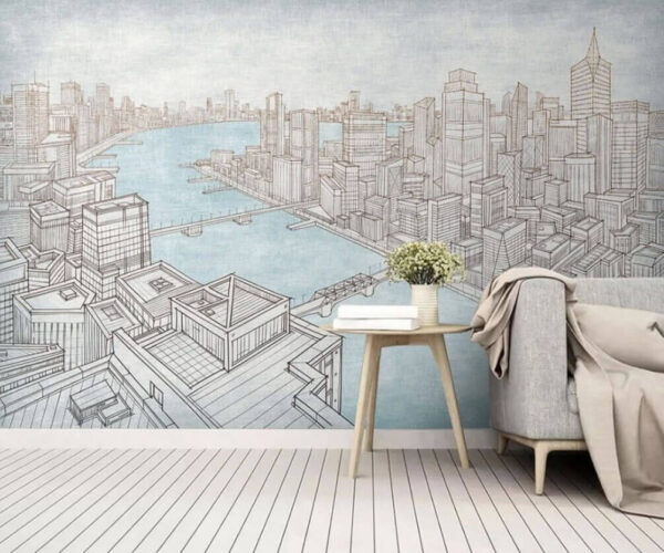 Wall murals Drawing of a city Wall murals Drawing of a city