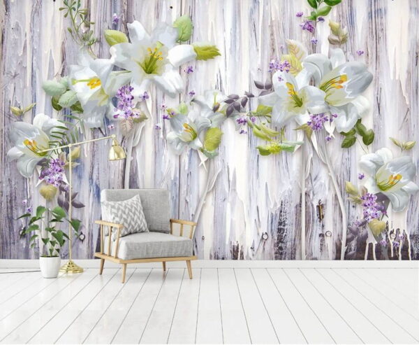 Wall murals Group of white flowers on a wood surface Wall murals Group of white flowers on a wood surface