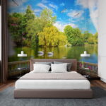 Wall murals View of a pond with birds and trees
