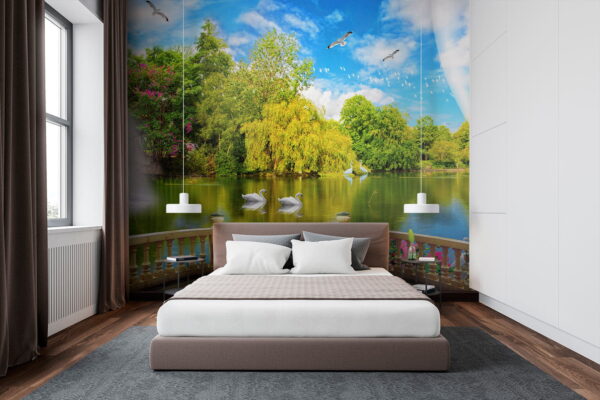 Wall murals View of a pond with birds and trees Wall murals View of a pond with birds and trees
