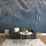Wall murals Silvery palm leaves on blue background.