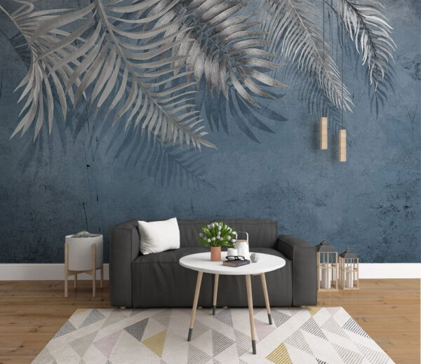 Silvery palm leaves on blue background Wall murals Silvery palm leaves on blue background