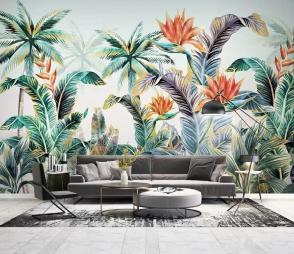Tropical foliage with vibrant flowers Wall murals Tropical foliage with vibrant flowers