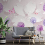Wall murals Purple flowers and butterflies in harmony.