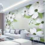 Wall murals White flowers with green leaves