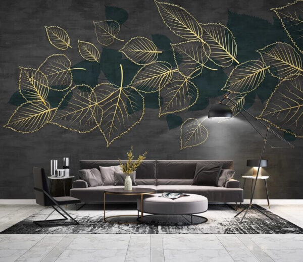 Wall murals Drawing of leaves on a black background Wall murals Drawing of leaves on a black background