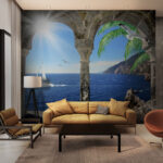 Wall murals View of the ocean from a stone archway