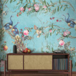 Wall murals Peacocks and flowers on blue background.