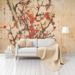 Wall murals Painting of a tree with red flowers