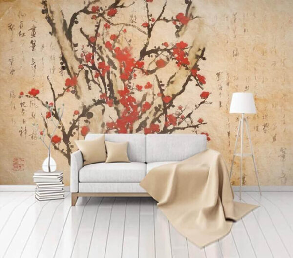 Wall murals Painting of a tree with red flowers Wall murals Painting of a tree with red flowers