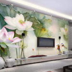 Wall murals Painting of a duck swimming in a pond with flowers