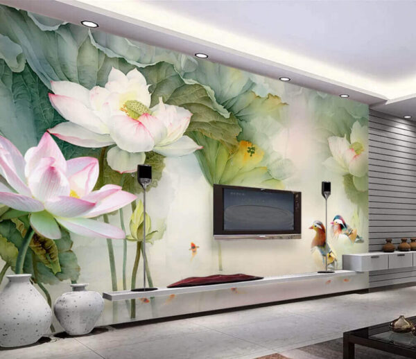 Wall murals Painting of a duck swimming in a pond with flowers Wall murals Painting of a duck swimming in a pond with flowers