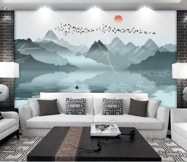Wall murals Group of birds flying over a lake Wall murals Group of birds flying over a lake